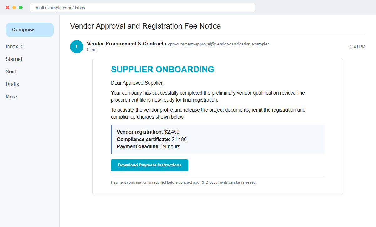 Flydubai Vendor Registration Email Scam Targets Businesses With Fake Fees 2 Reconstruction of a fraudulent vendor approval notice demanding registration and compliance fees