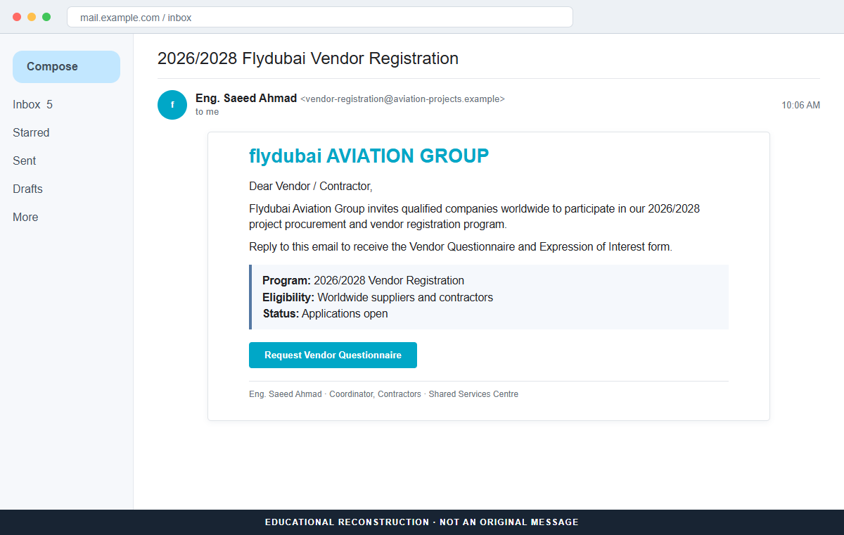 Flydubai Vendor Registration Email Scam Targets Businesses With Fake Fees 1 Reconstruction of a fake flydubai vendor registration invitation for a 2026 to 2028 procurement program