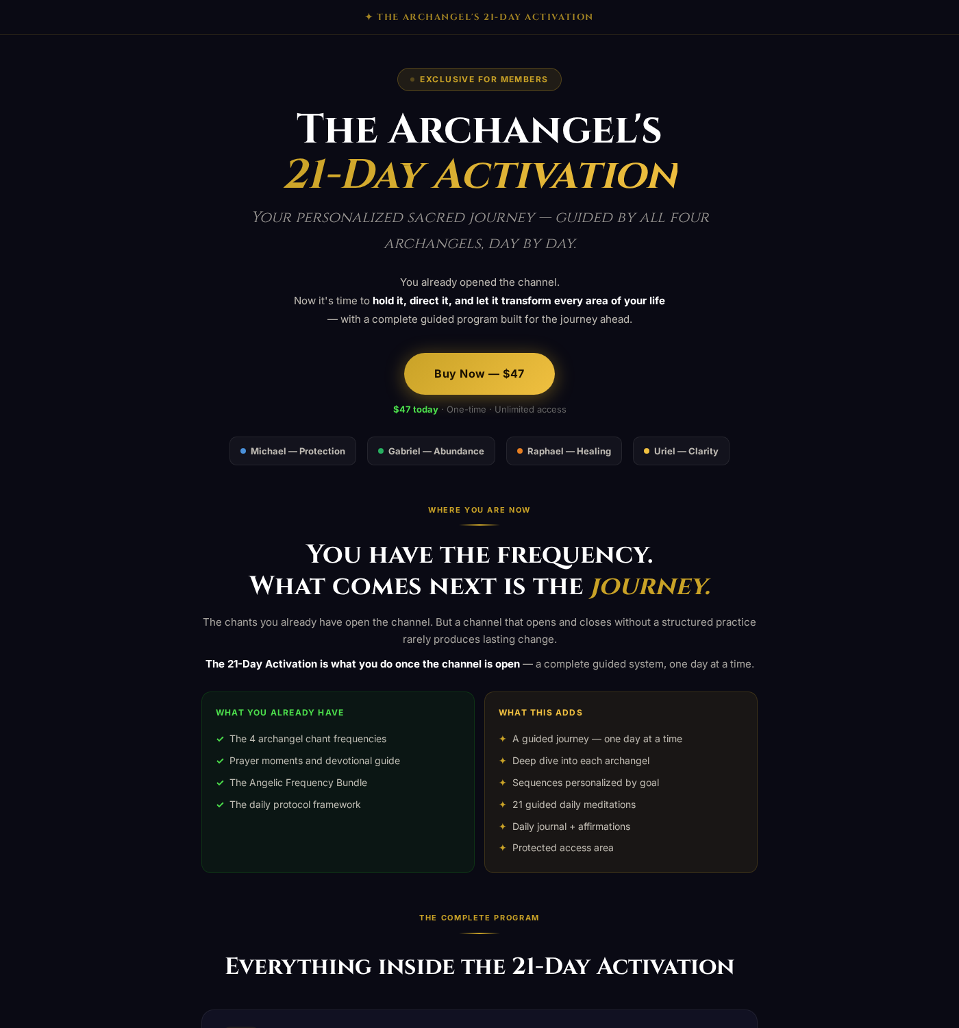 Four Archangels 21-Day Activation sales page offering a $47 digital program