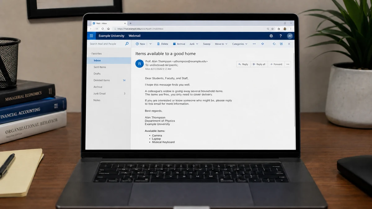 Realistic reconstruction of a compromised university email offering a widow's expensive household items for free except shipping