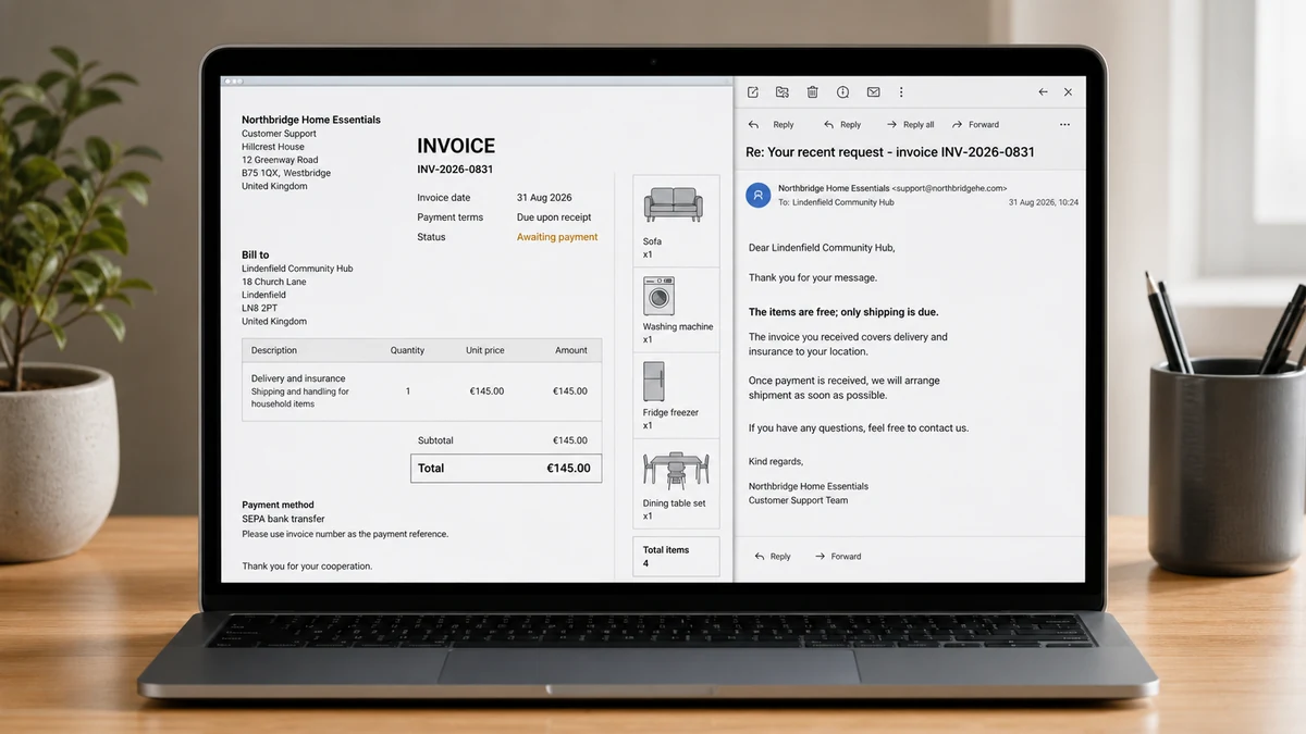 Realistic reconstruction of a fake shipping invoice demanding a €145 SEPA transfer for delivery of free university giveaway items