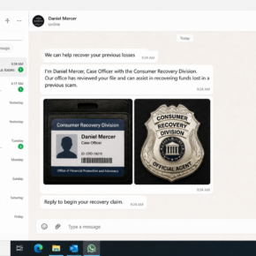 Realistic example of a fake government recovery agent message with a bogus employee ID and badge