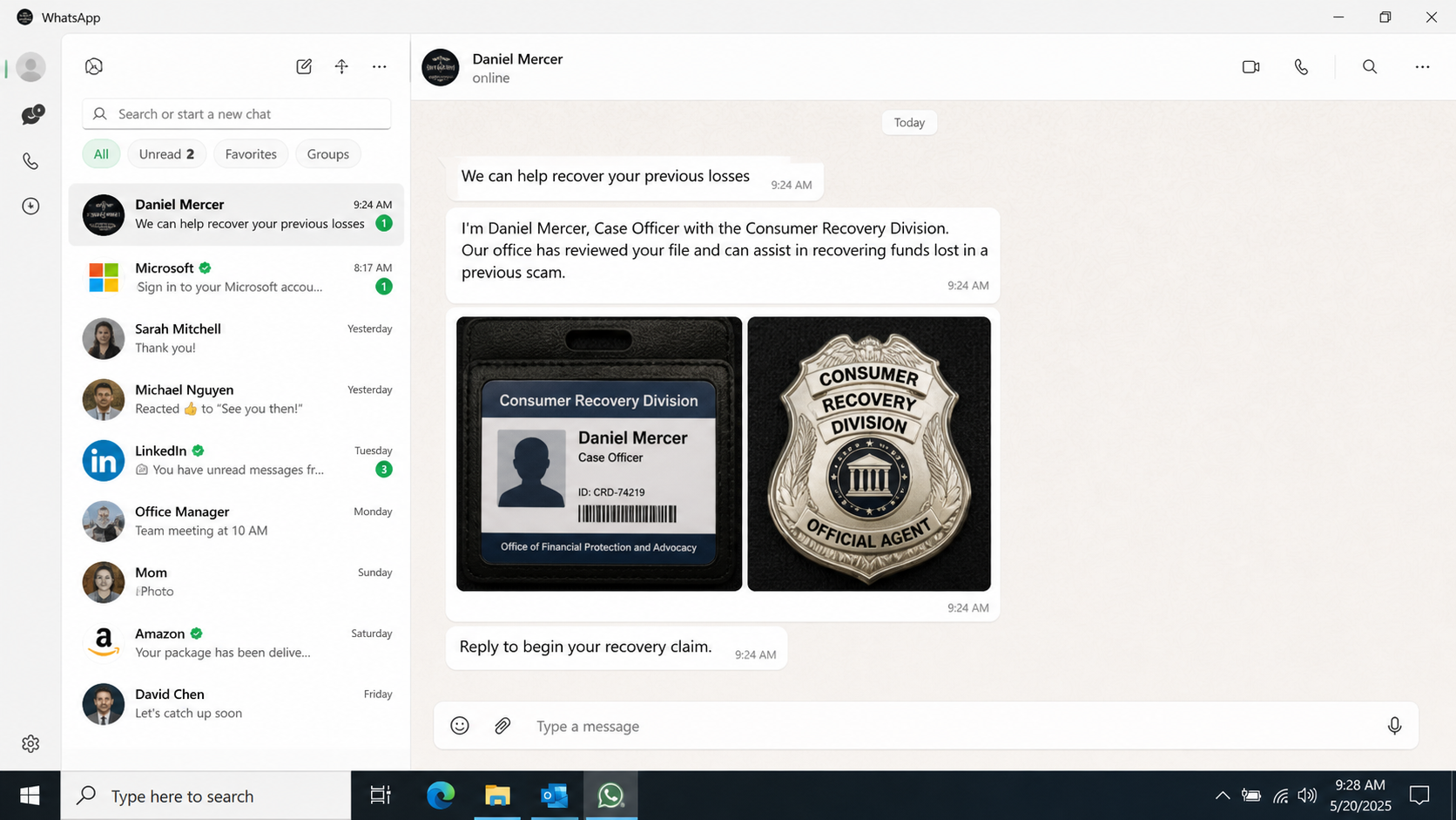 Fake FTC Recovery Agent Text Uses a Bogus ID to Steal Your Money Again 1 Realistic example of a fake government recovery agent message with a bogus employee ID and badge