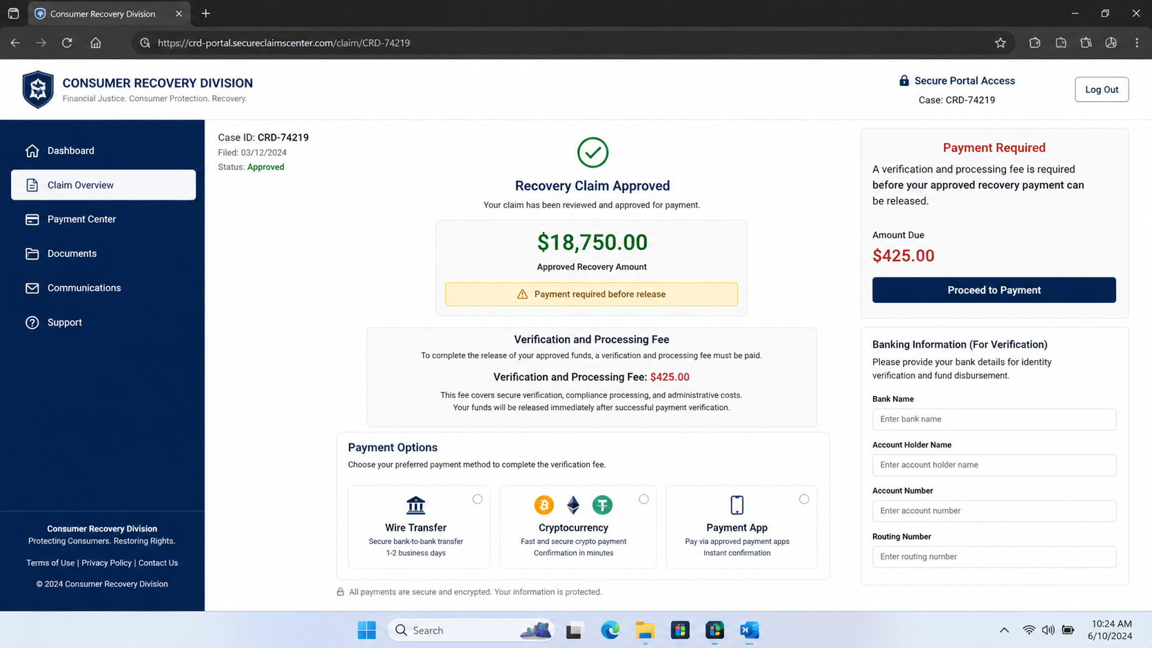 Fake FTC Recovery Agent Text Uses a Bogus ID to Steal Your Money Again 2 Realistic example of a fake recovery claim portal demanding a processing fee and bank details