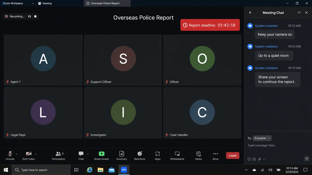 Realistic reconstruction of a fake overseas police Zoom meeting demanding isolation and screen sharing