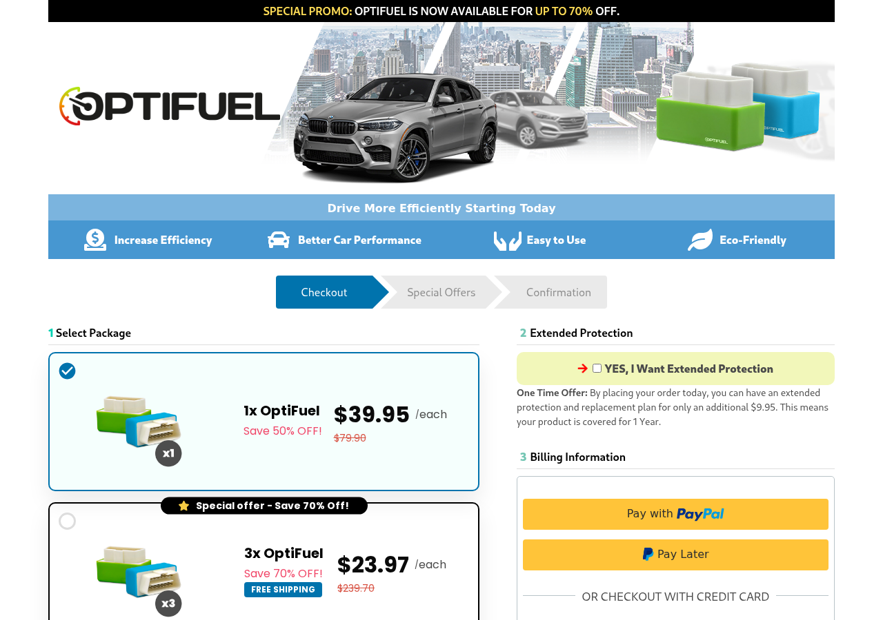 Fuel Saver Plug Scam Exposed: Fake Mileage Claims and Hidden Monthly Fees 2 OptiFuel checkout showing fuel saver plug packages and an add-on protection plan