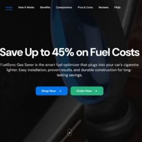 Fuel Sync sales page claiming the plug-in gas saver can save up to 45% on fuel costs