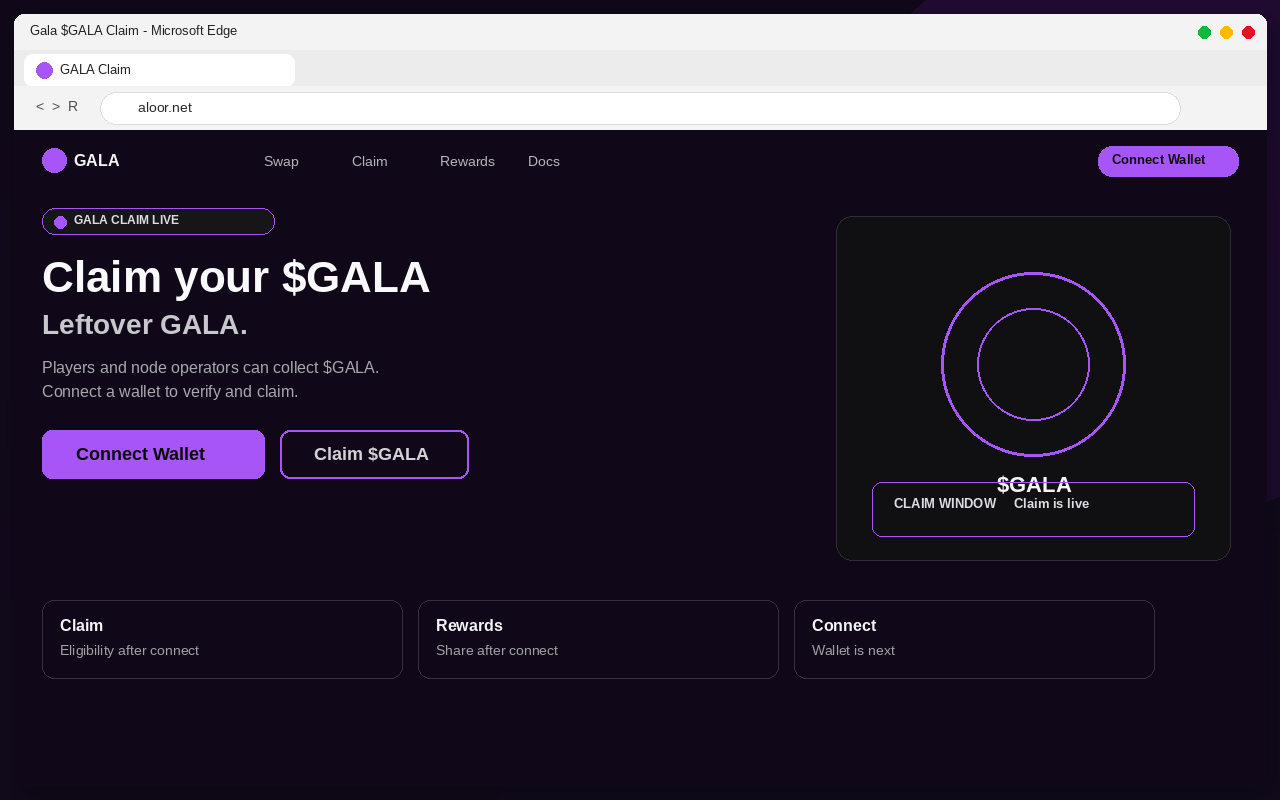 Fake Gala $GALA airdrop claim page with Connect Wallet