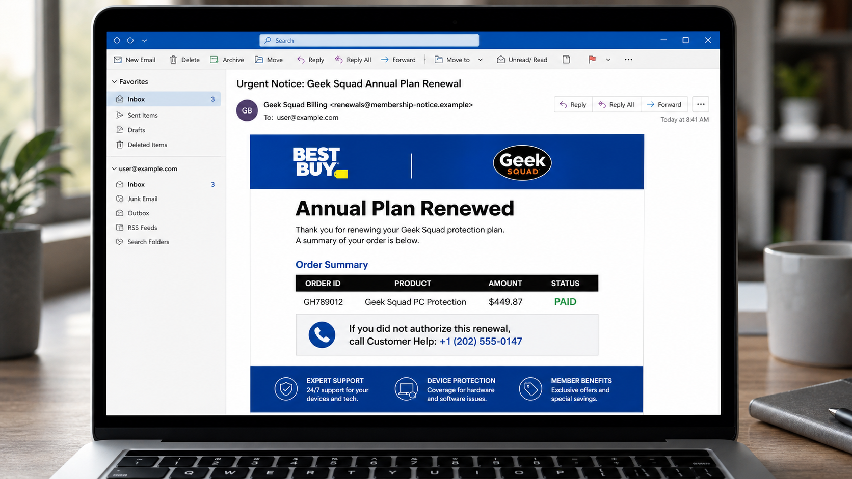 Example of a fake Geek Squad Annual Plan renewal email for $449.87