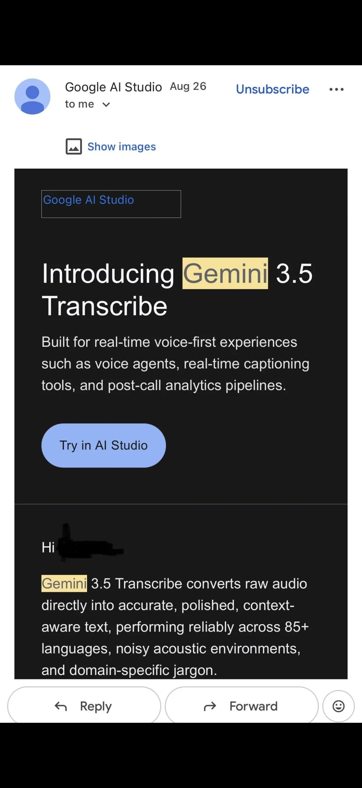 Gemini 3.5 Phishing Email Mimics Google's Launch 2 Mobile email screenshot announcing Gemini 3.5 Transcribe with a Try in AI Studio button