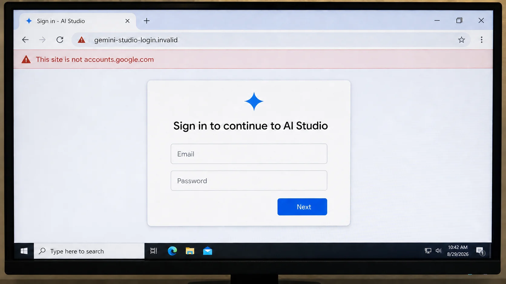 Gemini 3.5 Phishing Email Mimics Google's Launch 1 Fake AI Studio sign-in page on the mismatched domain gemini-studio-login.invalid