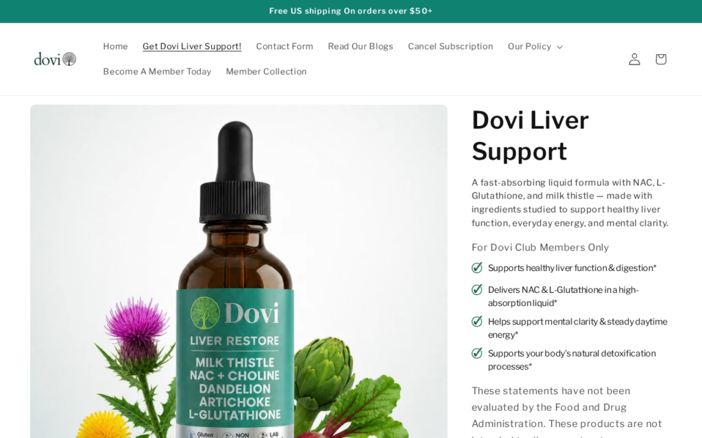 Dovi Liver Support product page advertising liver-support liquid drops