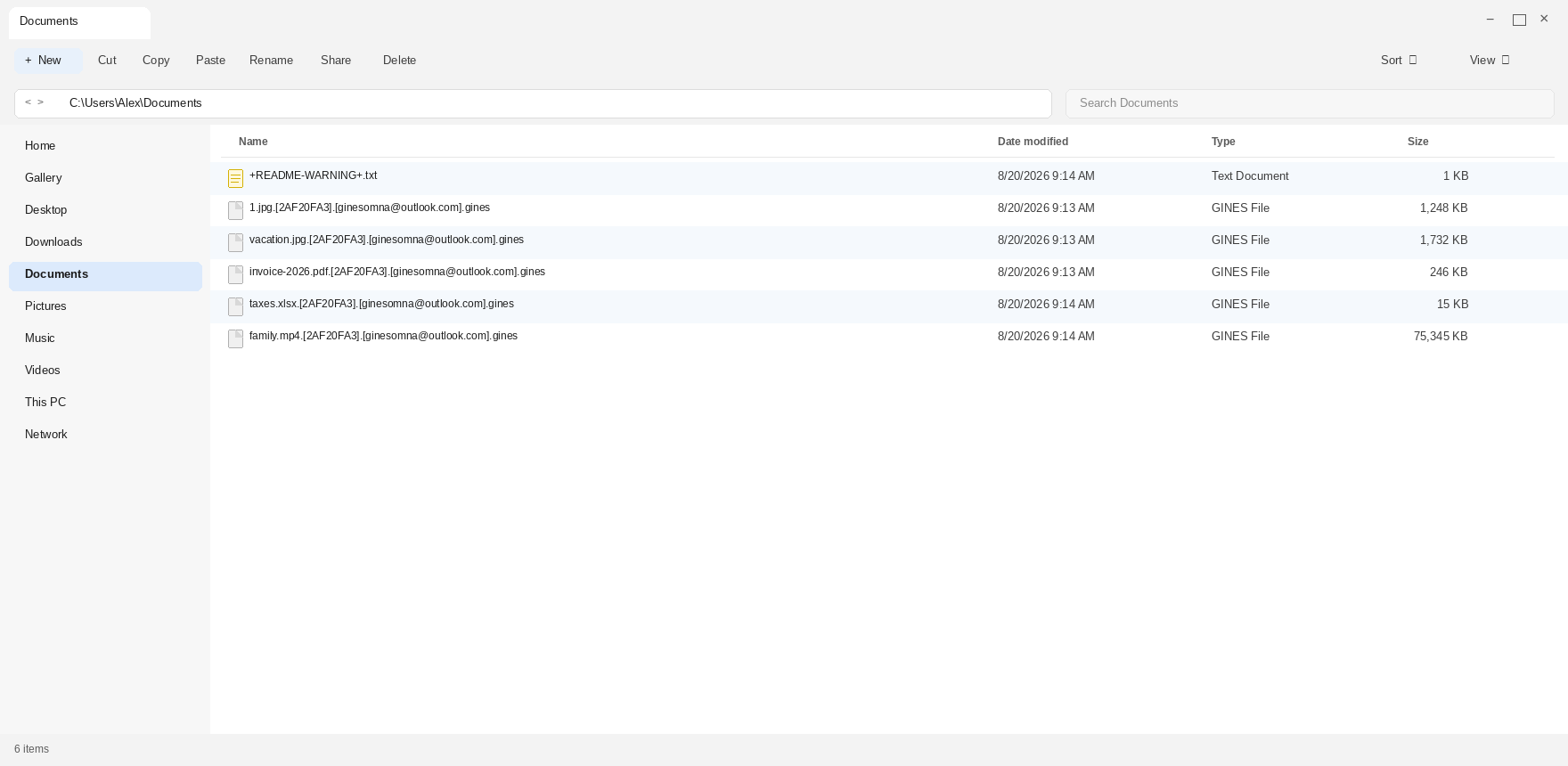 Encrypted files after Gines. The .gines names and +README-WARNING+.txt are the tell.