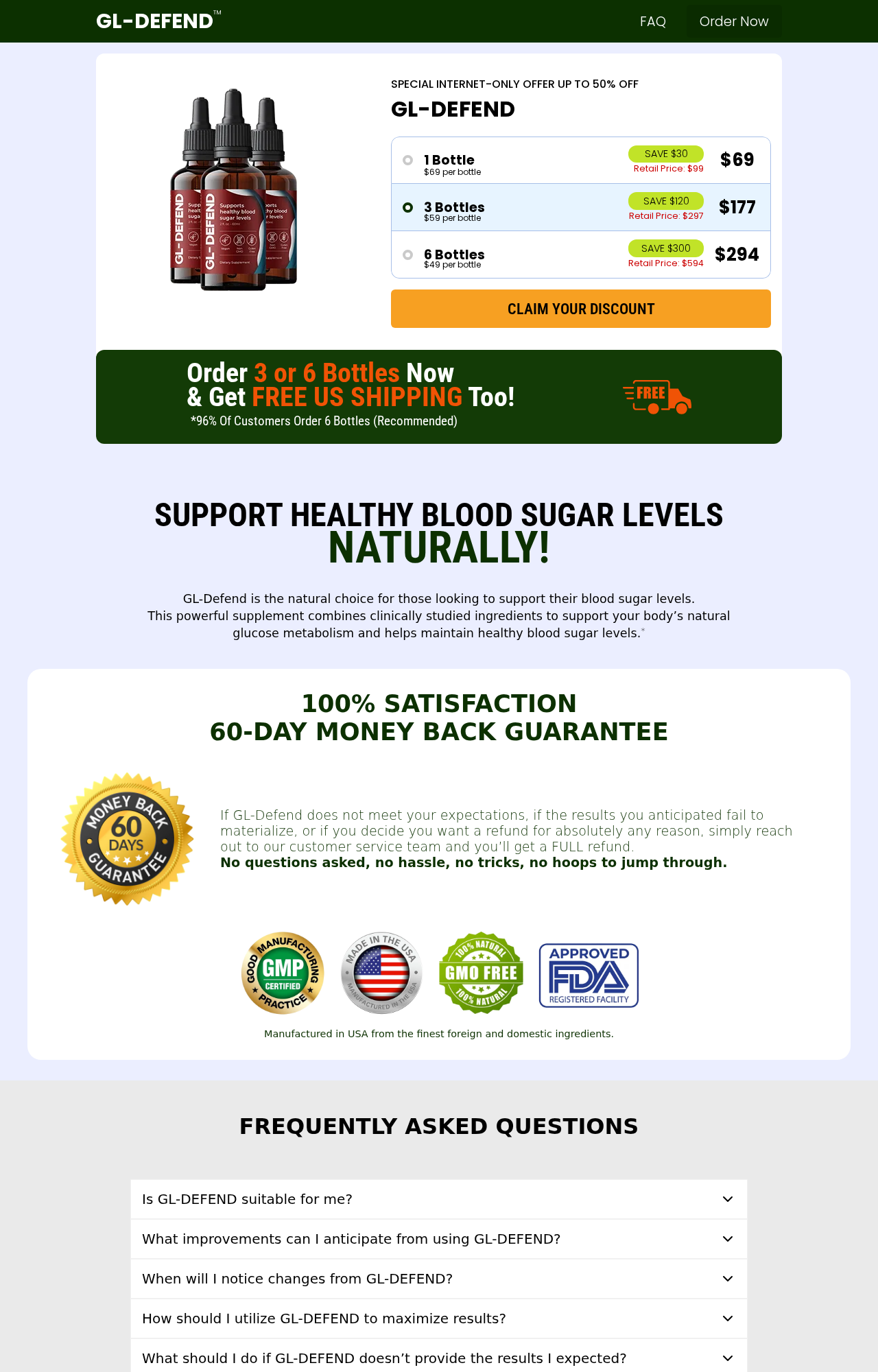 GL-Defend Reviews Exposed: Fake or Real? Complete Scam Investigation 2026 1 GL-Defend sales page showing blood sugar claims and one, three, and six bottle prices