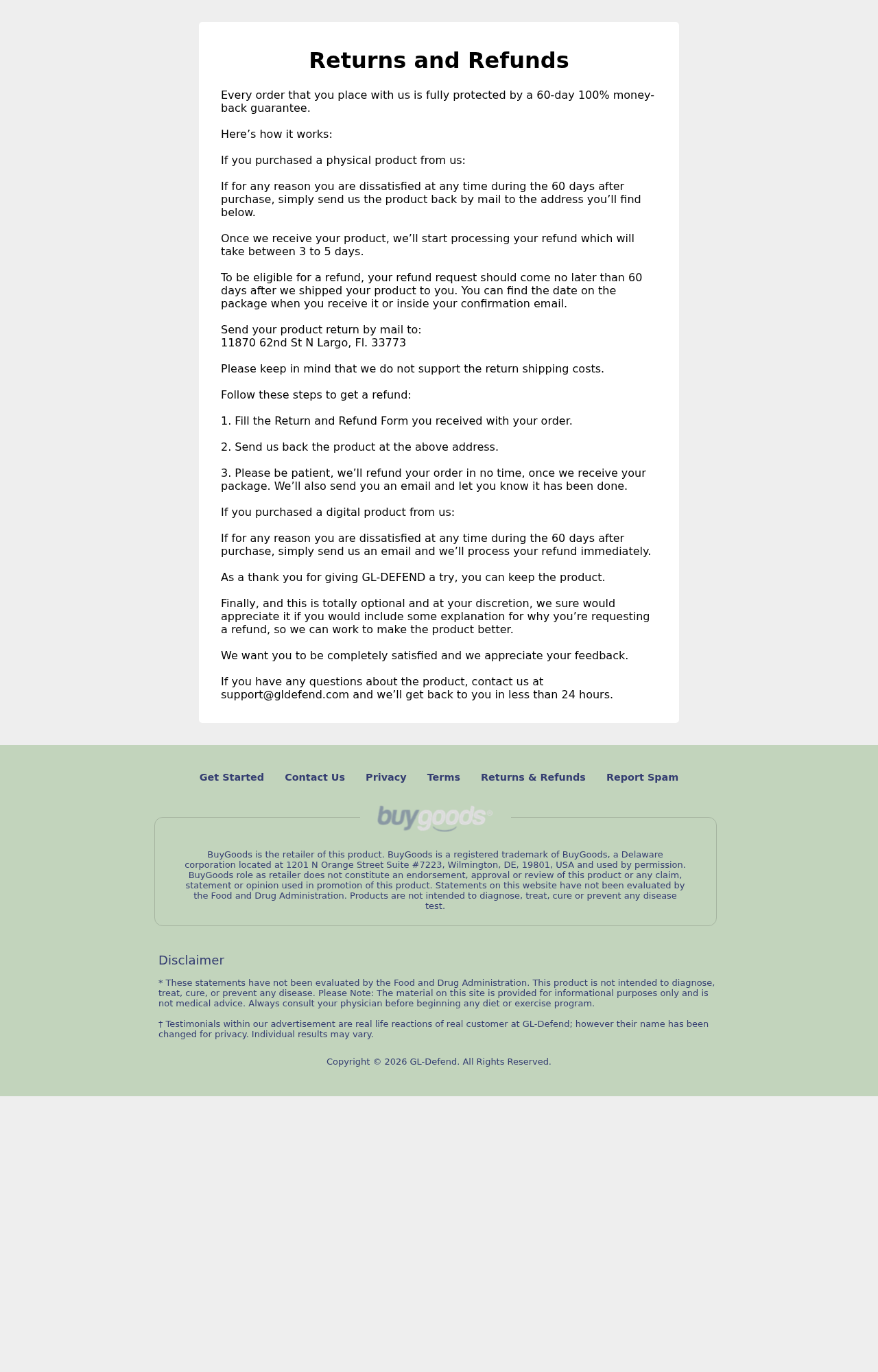 GL-Defend Reviews Exposed: Fake or Real? Complete Scam Investigation 2026 3 GL-Defend refund policy listing a 60-day window, return shipping requirement, and Largo fulfillment address