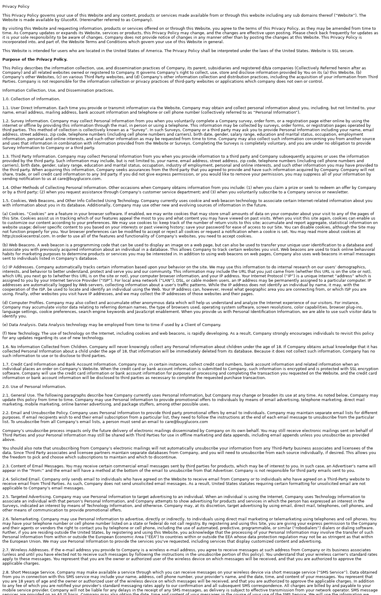 GlucoRx Blood Balance Exposed: Fake or Real? Full Scam Investigation 2026 3 GlucoRx privacy policy using generic company language and broad data collection terms