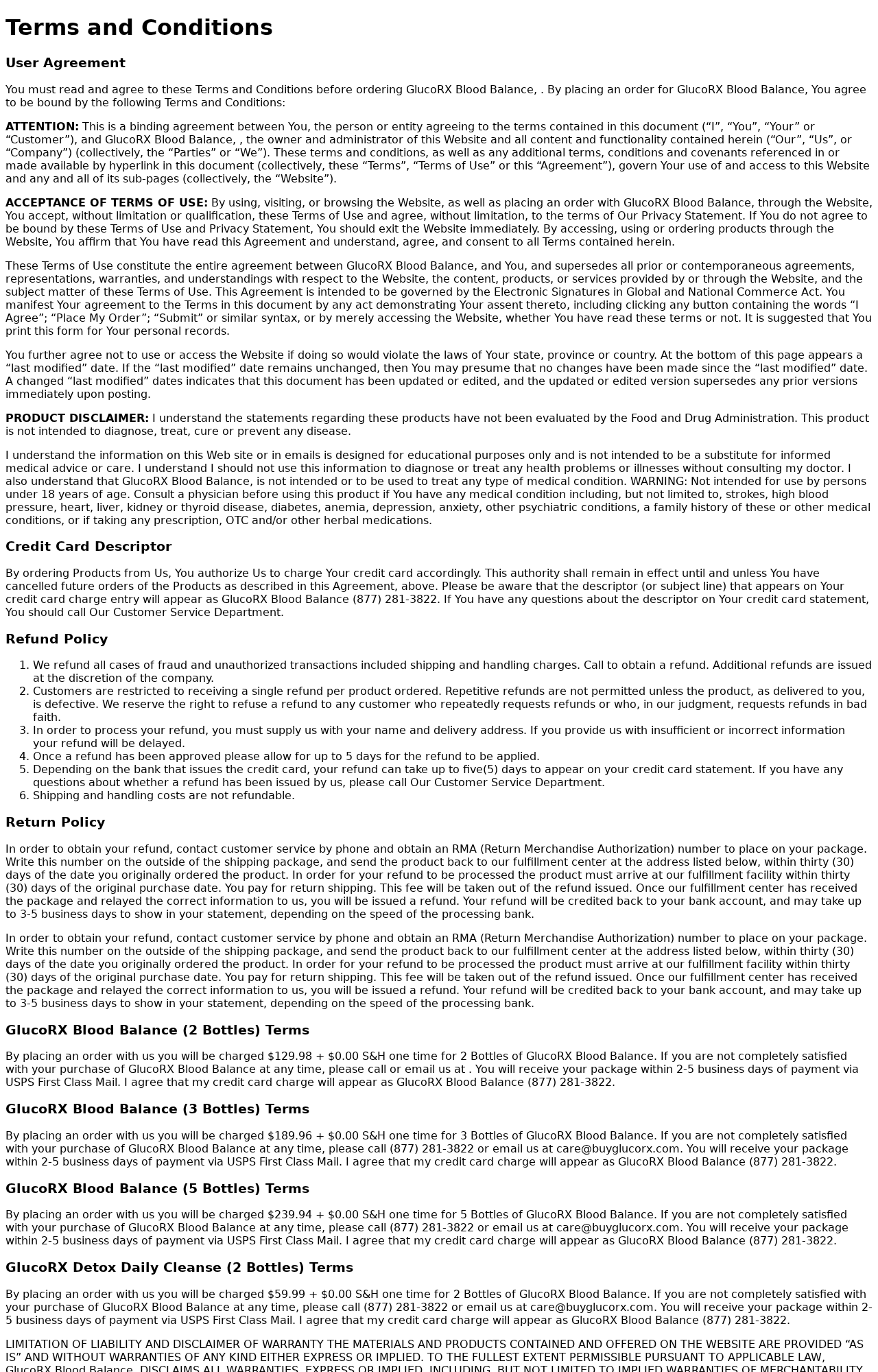 GlucoRx Blood Balance Exposed: Fake or Real? Full Scam Investigation 2026 2 GlucoRx Blood Balance terms showing one-time package prices and a 30-day return requirement