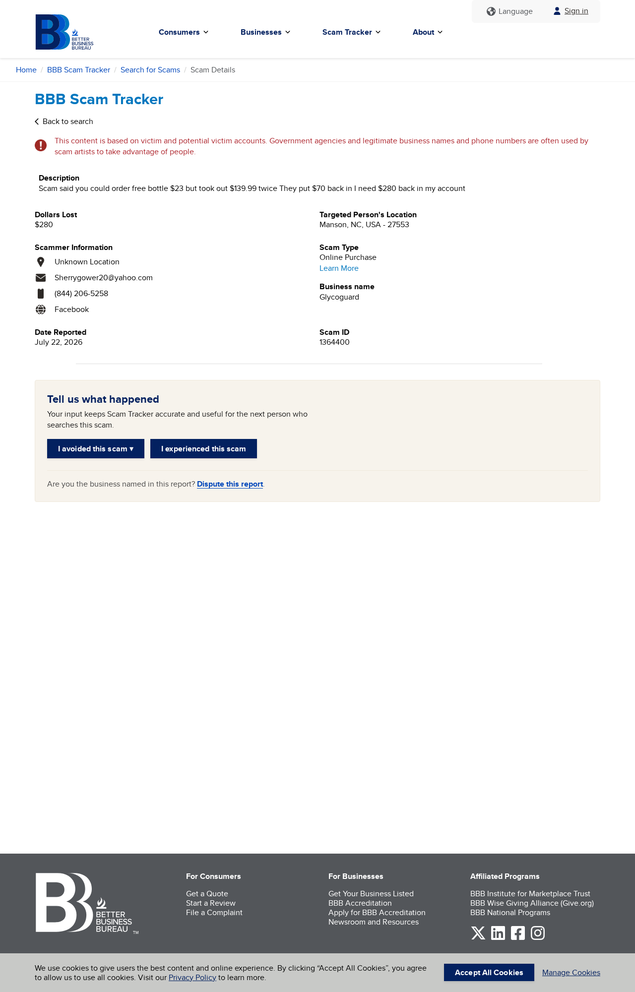 GlycoGuard Blood Balance Exposed: Fake or Real? Full Investigation 2026 3 BBB Scam Tracker report describing unexpected GlycoGuard charges and the advertised support number