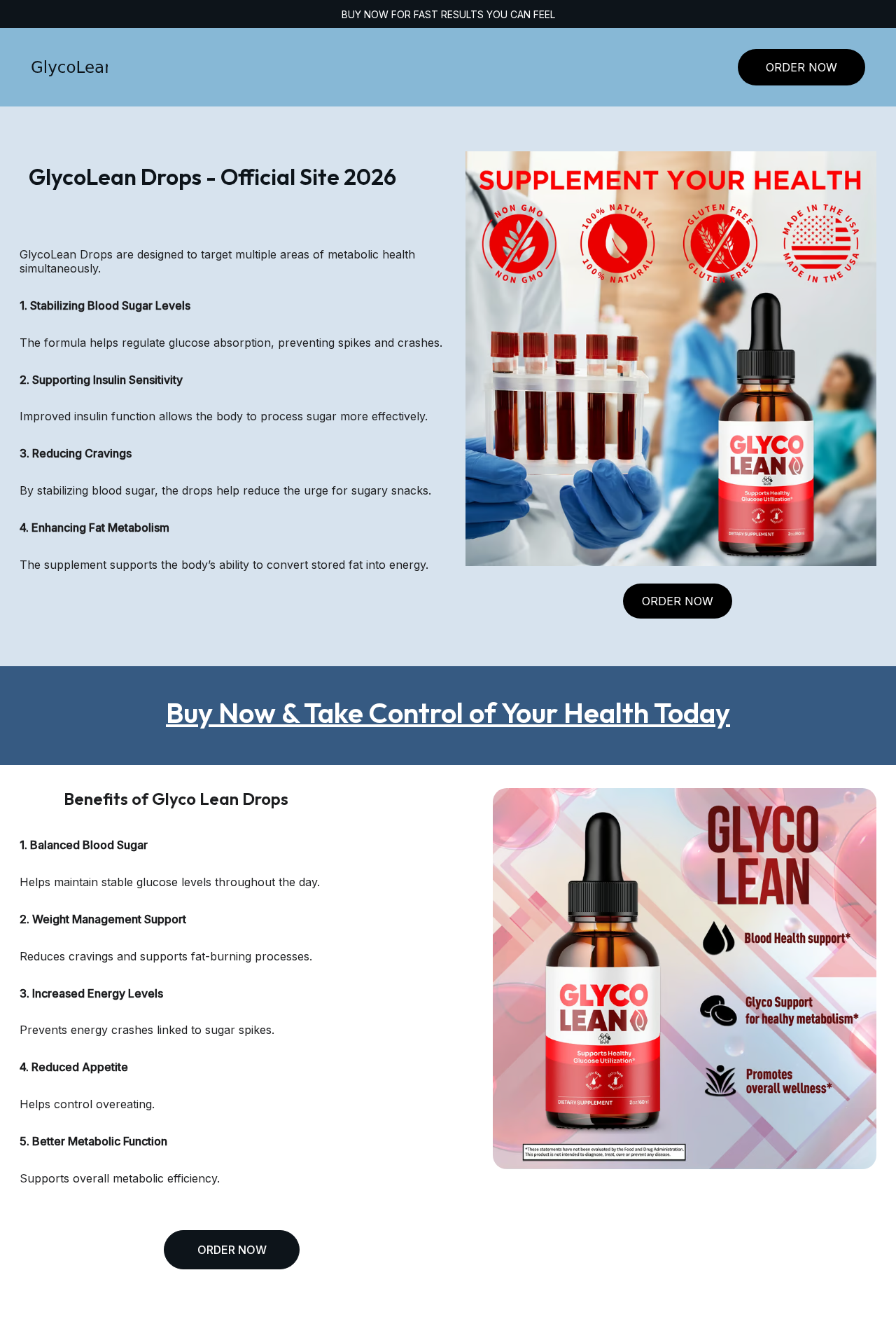 GlycoLean Drops sales page claiming support for blood sugar, insulin sensitivity, cravings, and fat metabolism