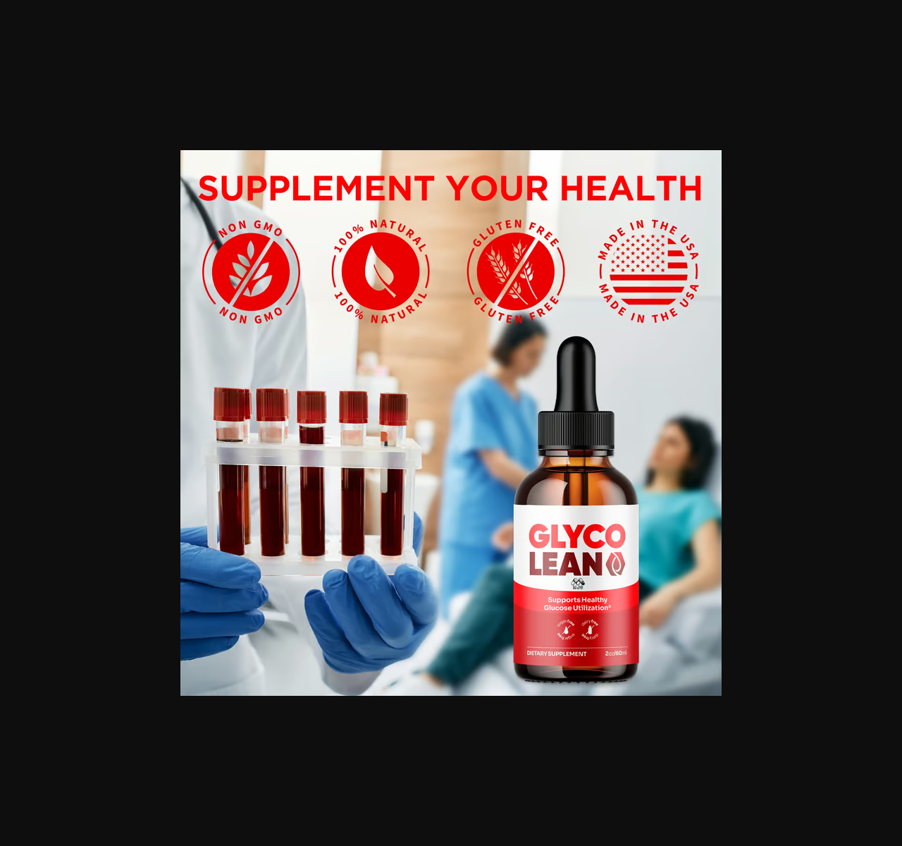 GlycoLean promotional image placing a supplement bottle beside blood samples and medical imagery