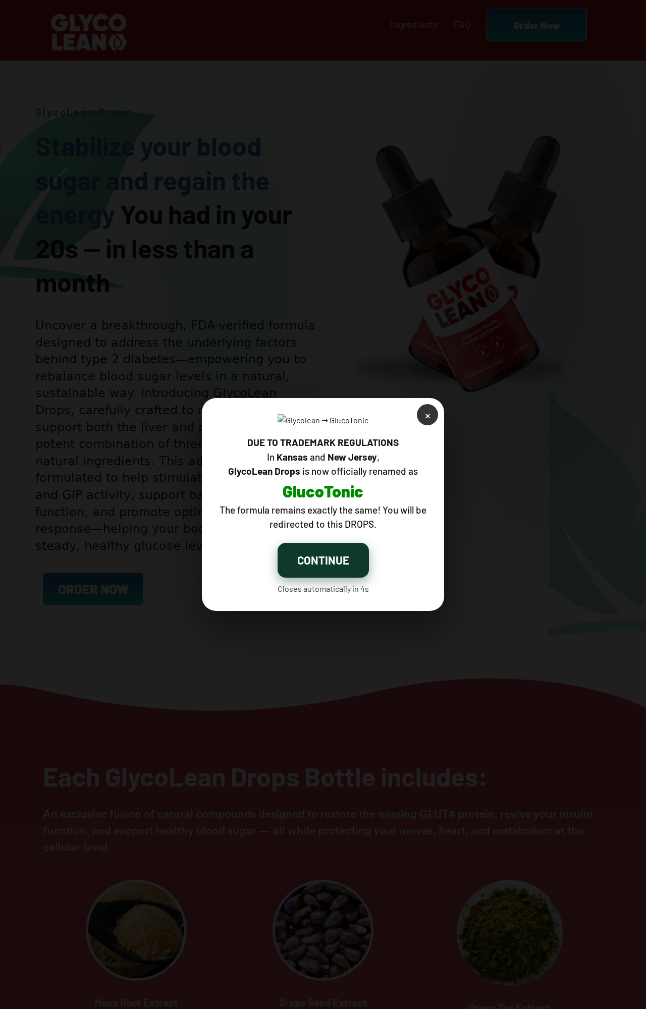 GlycoLean page displaying a pop-up that says the drops are being renamed GlucoTonic in certain states