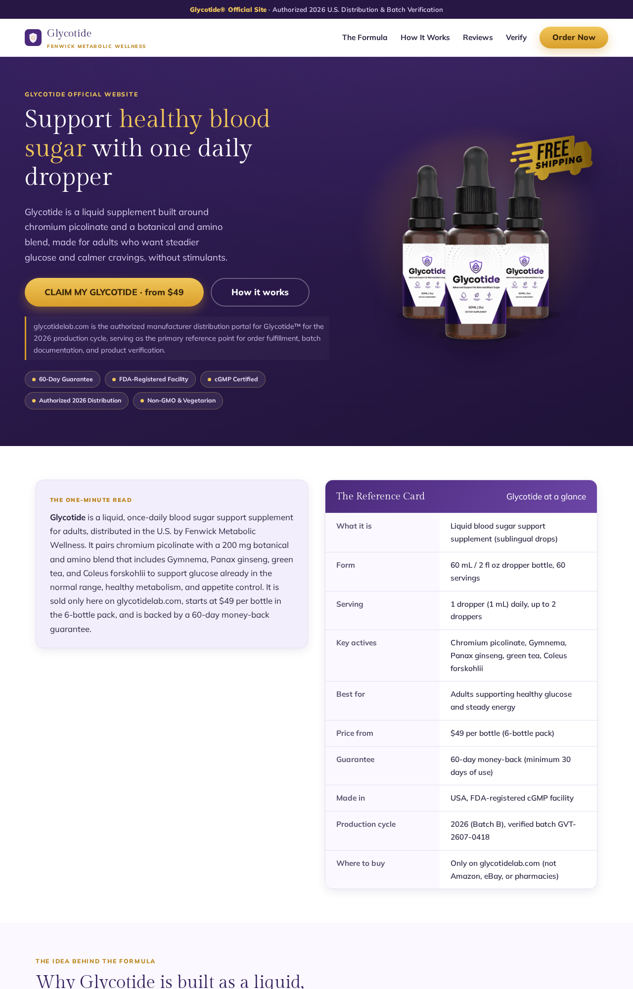 Glycotide official-looking product page advertising daily blood sugar support drops