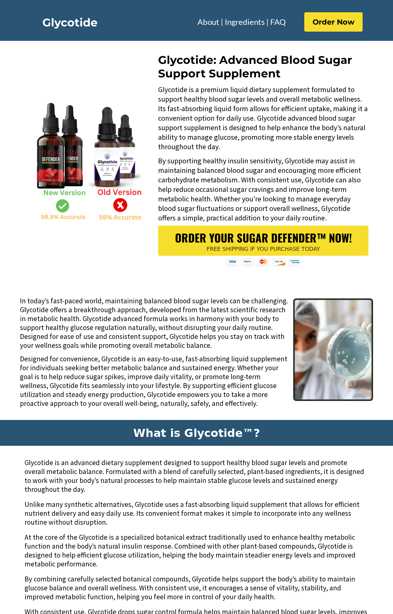 Glycotide affiliate page comparing Sugar Defender with Glycotide and directing orders to Sugar Defender