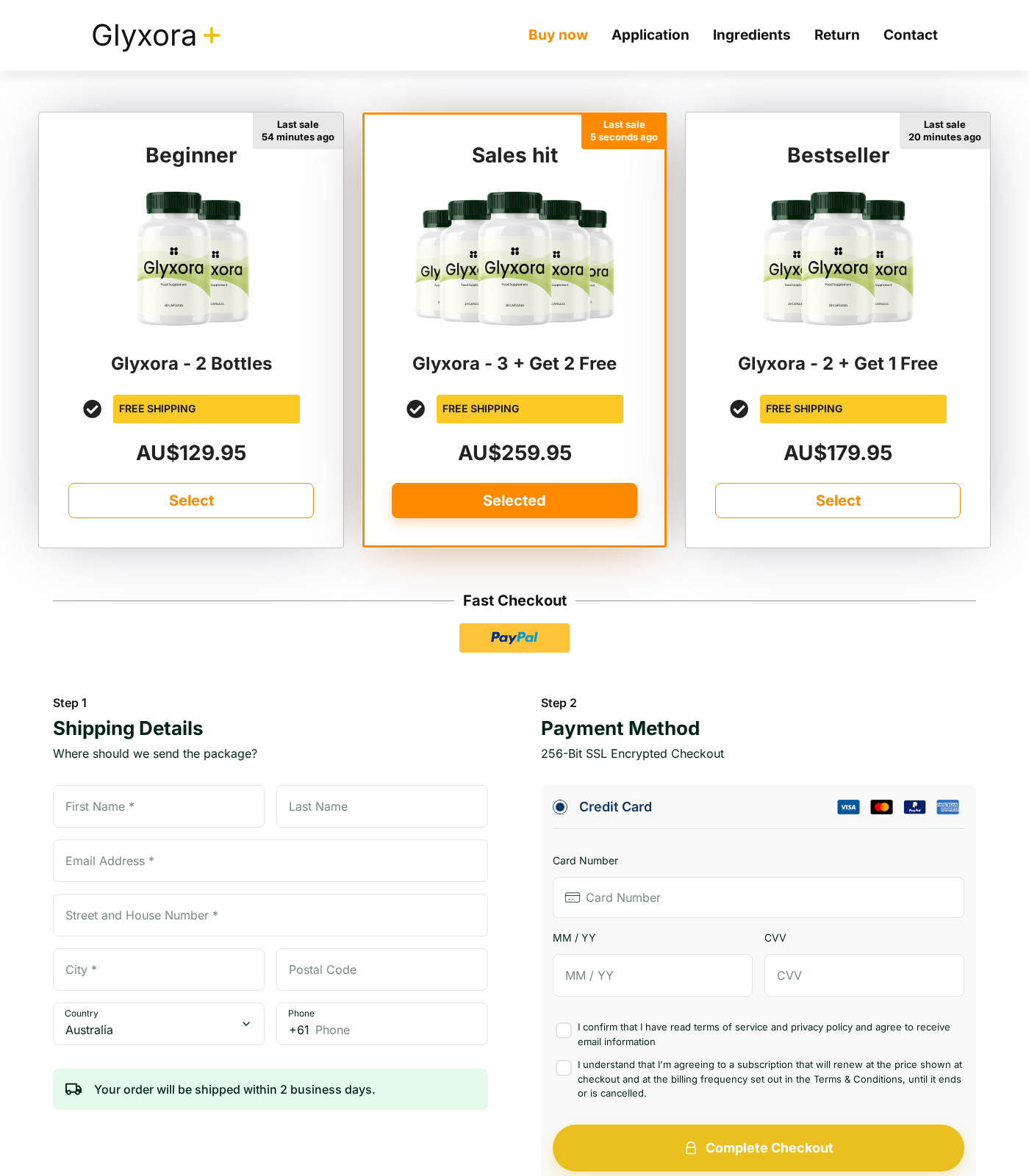 Glyxora Supplement Exposed: Fake or Real? Formula and Subscription Review 2 Glyxora checkout showing a selected five-bottle bundle and required recurring subscription consent