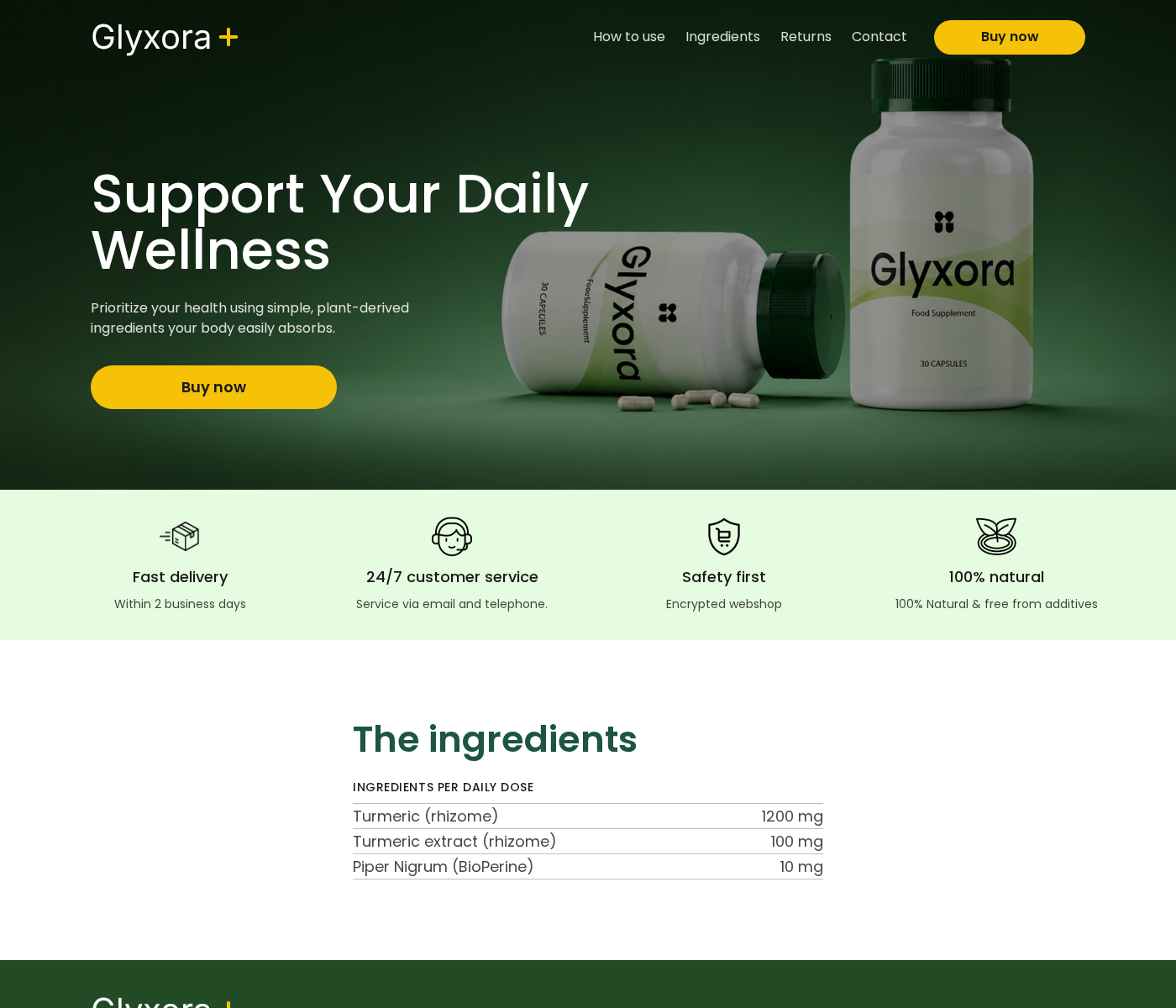 Glyxora Supplement Exposed: Fake or Real? Formula and Subscription Review 1 Glyxora Australian home page showing supplement bottles and a turmeric-based ingredient list