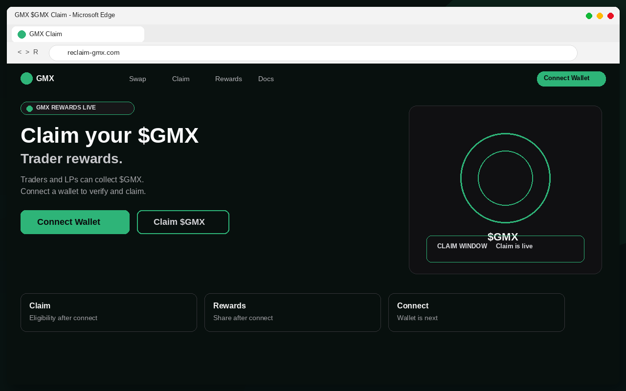 Fake GMX $GMX airdrop claim page with Connect Wallet