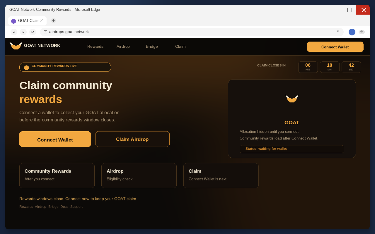 Goat Network Airdrop EXPOSED: Fake Claim Pages Drain Wallets 1 Fake Goat Network airdrop claim page with Connect Wallet