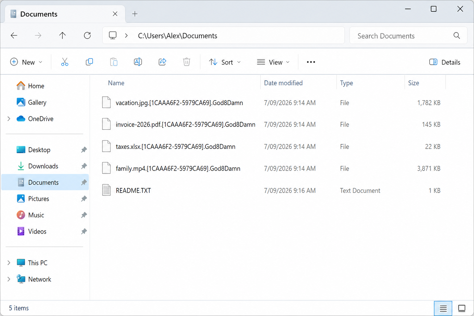 Encrypted files after GodDamn. The .God8Damn names and README.TXT are the tell.
