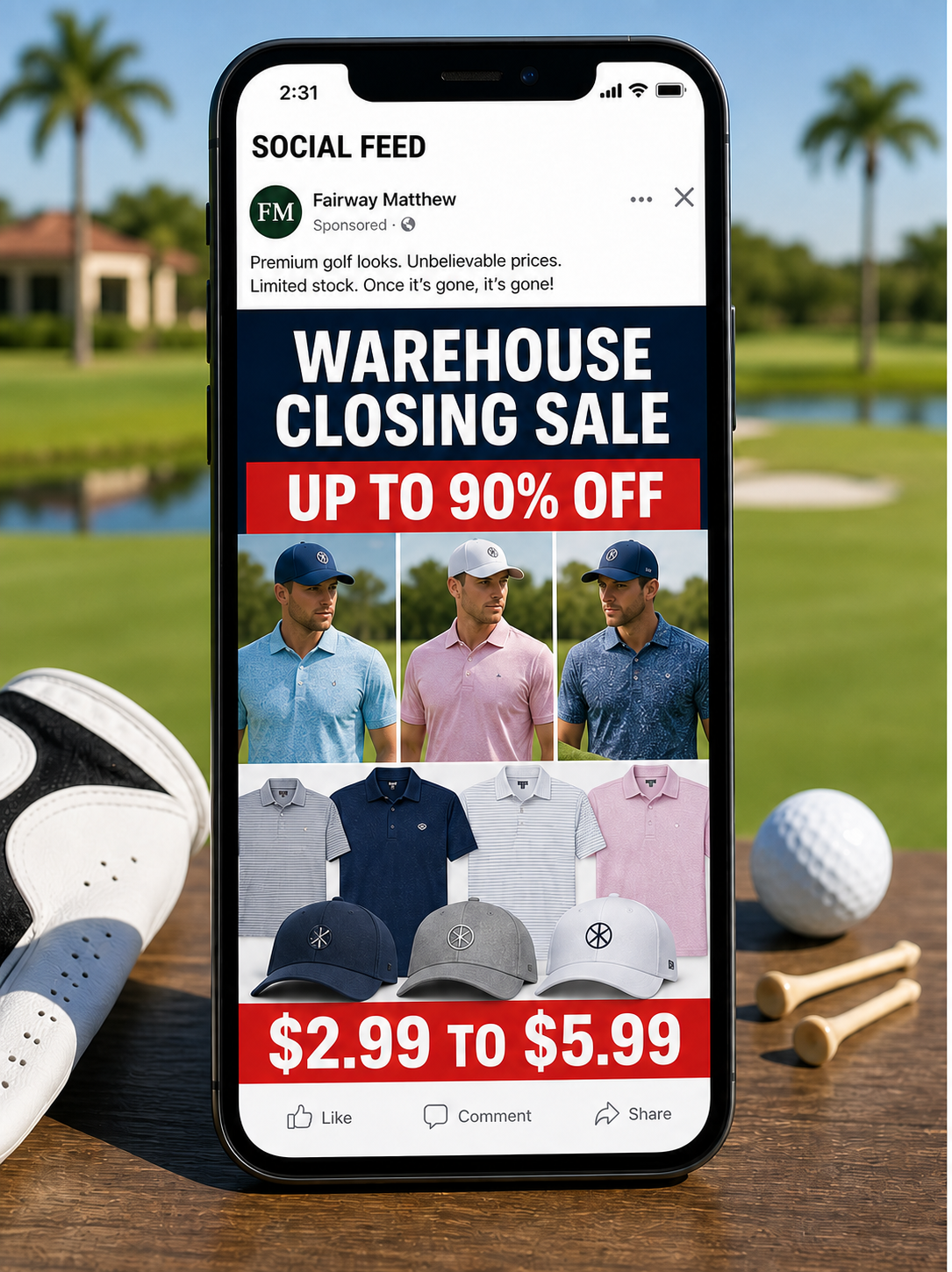 Reconstruction of a 90% off golf warehouse closing sale advertisement