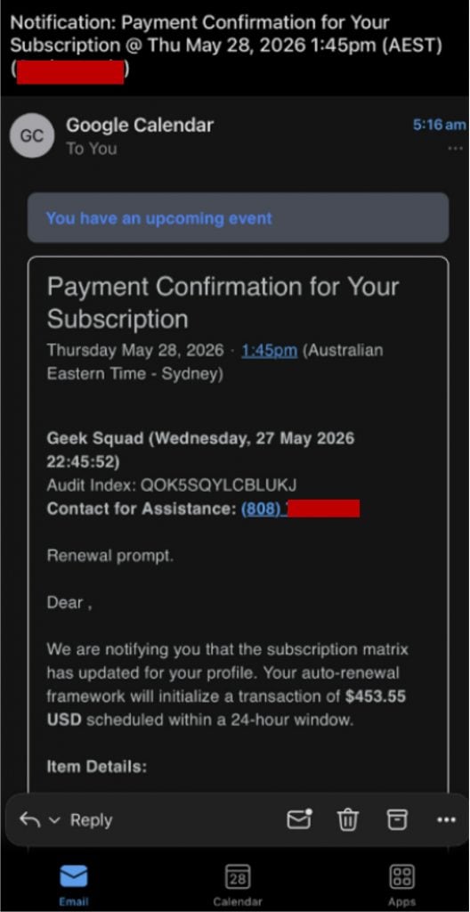Google Calendar Billing Alert Scam Exposed: Fake Renewal Trick 1 Fake $453.55 Geek Squad billing alert delivered through Google Calendar