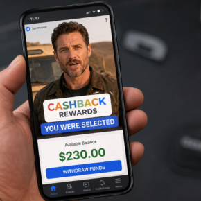 Reconstruction of a Google CashBacks Program scam ad showing a fake $230 balance