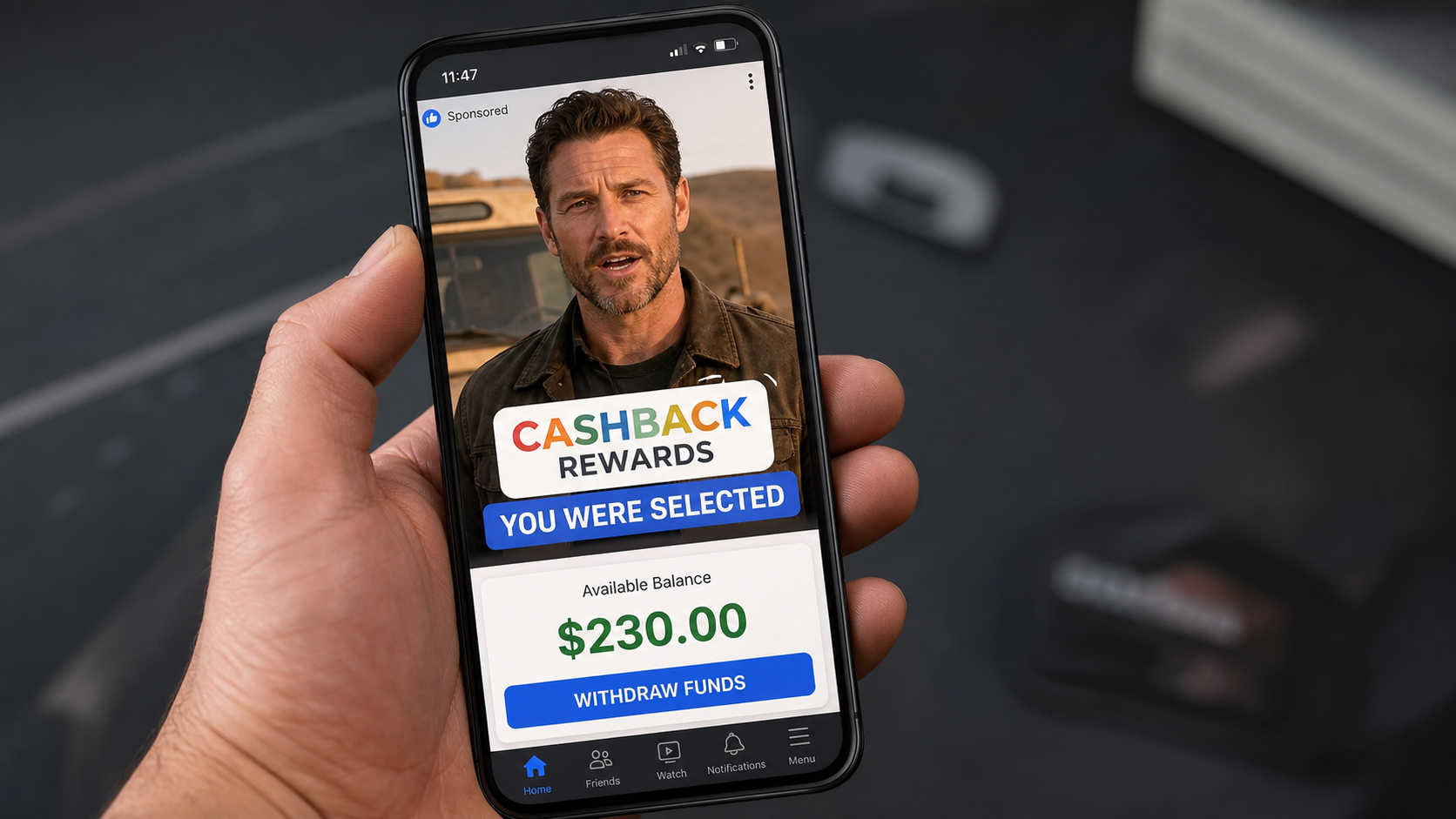 Reconstruction of a Google CashBacks Program scam ad showing a fake $230 balance