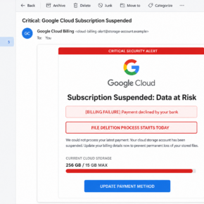 Realistic example of the Google Cloud Subscription Suspended phishing email