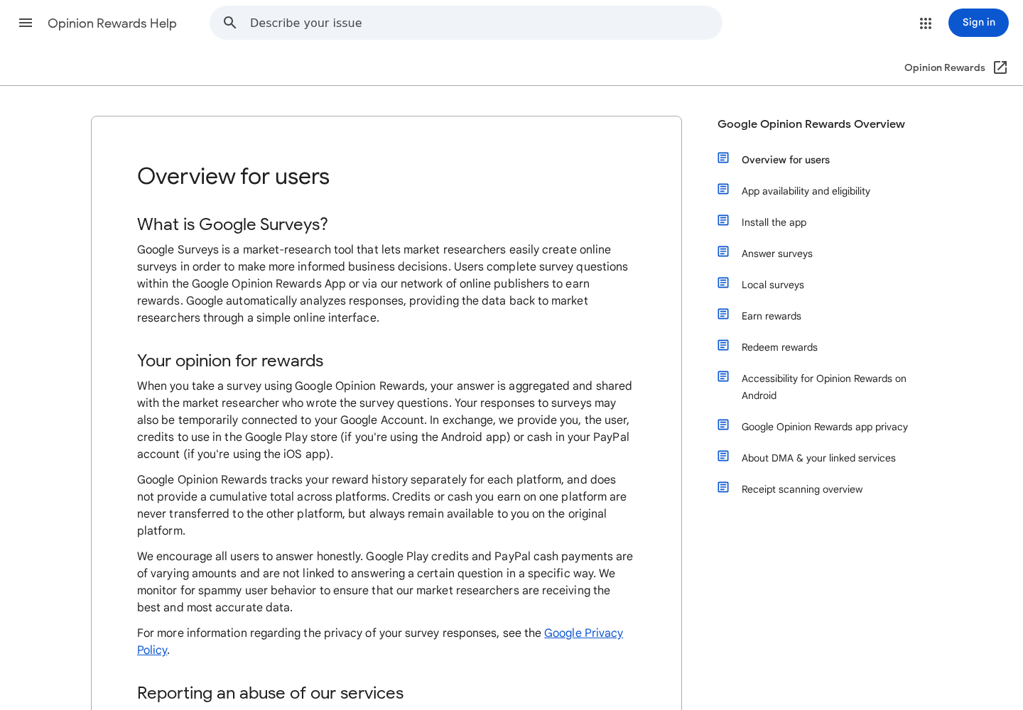 Official Google Opinion Rewards help page explaining the legitimate survey program