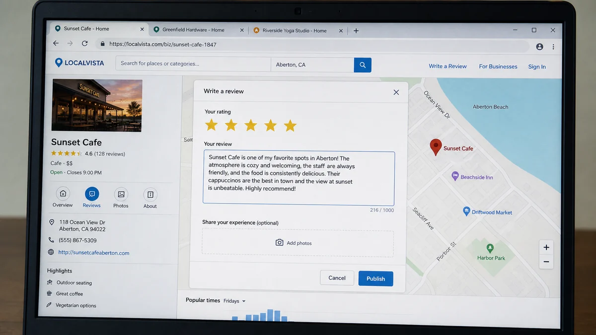 Realistic review screen showing unrelated local business tabs and a prepared five-star review
