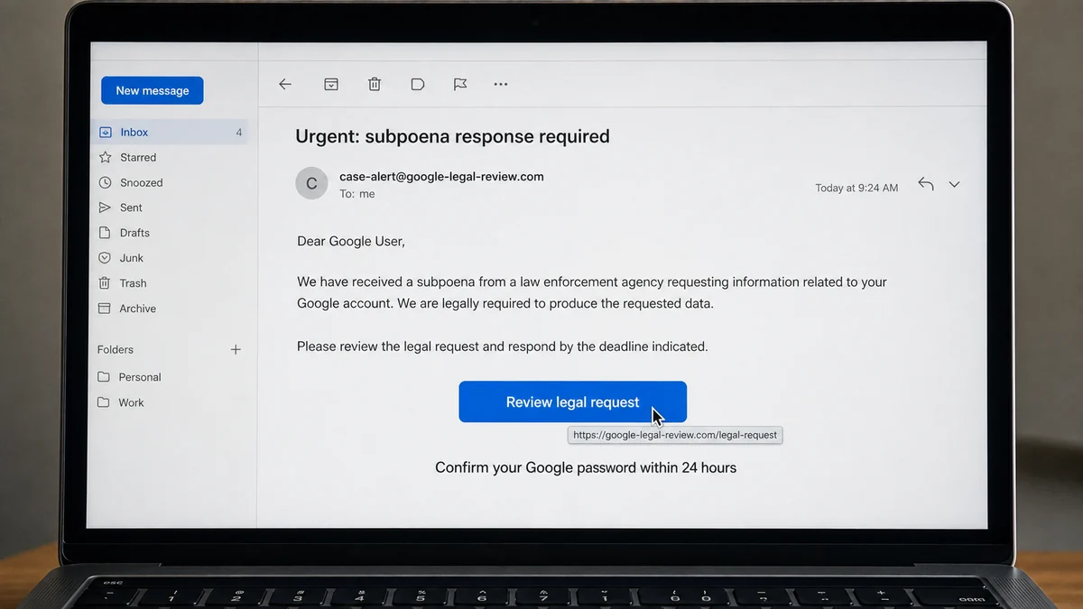 Fake Google Subpoena Email Turns Panic Into Phishing 2 Realistic reconstruction of a fake Google subpoena email linking to a credential phishing domain