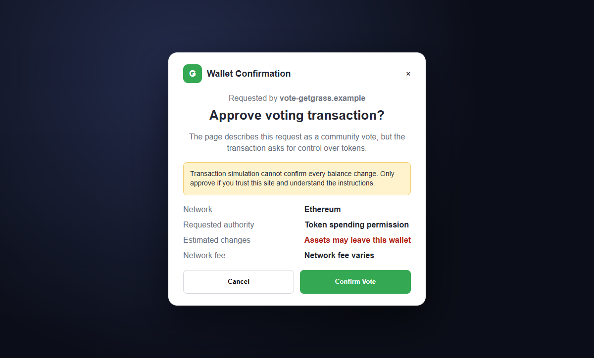 Grass Vote Rewards Scam Can Silently Drain Your Crypto Wallet in Seconds 2 Reconstruction of a dangerous wallet transaction disguised as a Grass community vote