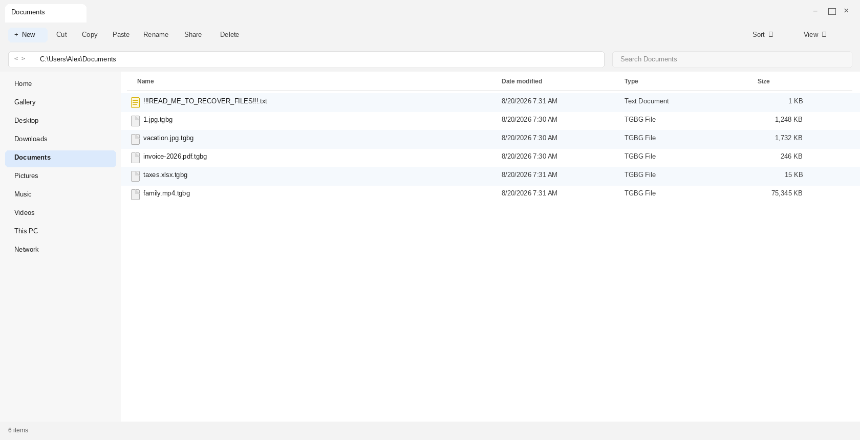 Encrypted files after Green Blood. The .tgbg names and !!!READ_ME_TO_RECOVER_FILES!!!.txt are the tell.