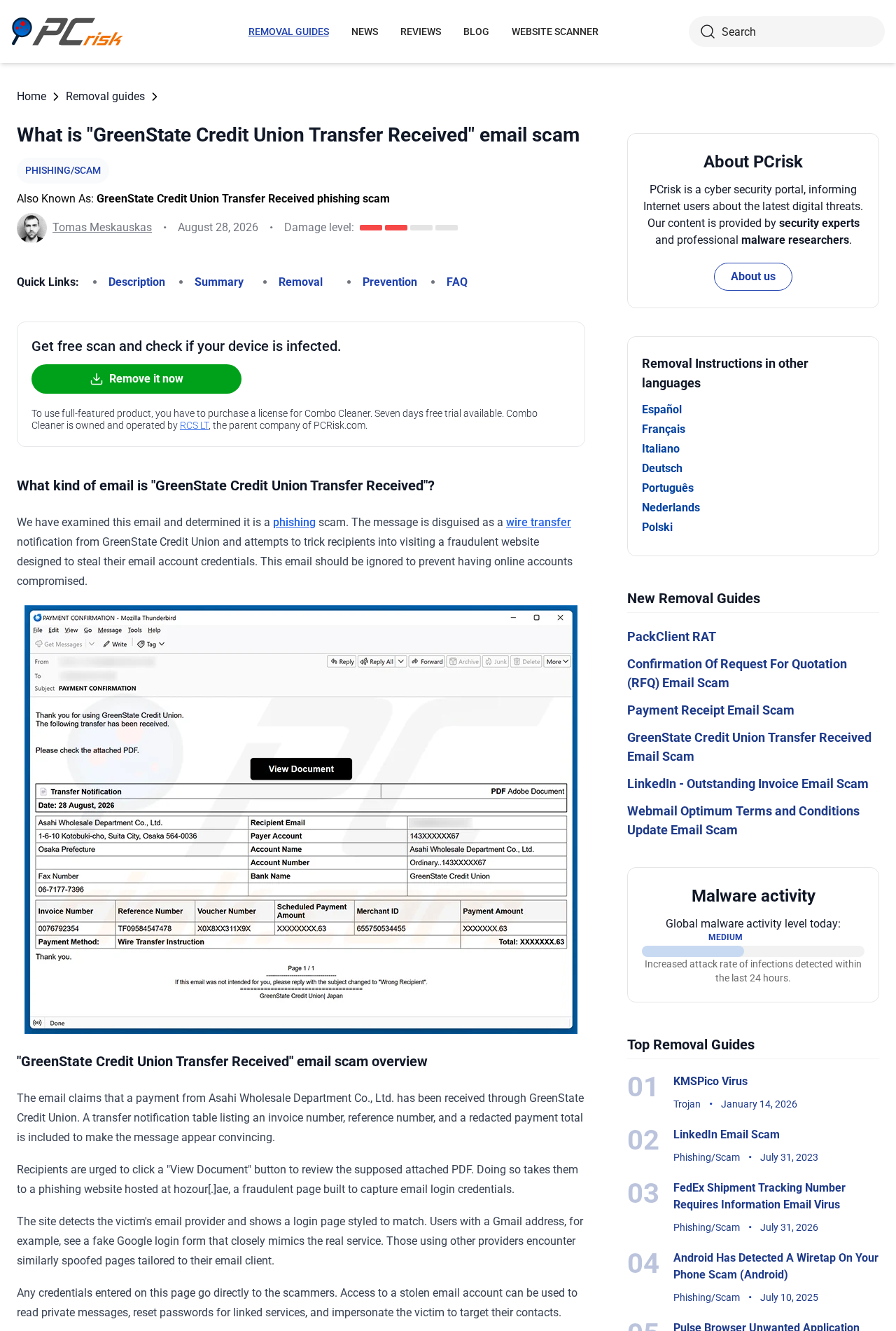 Security analysis page showing the GreenState transfer phishing email and its fake payment table