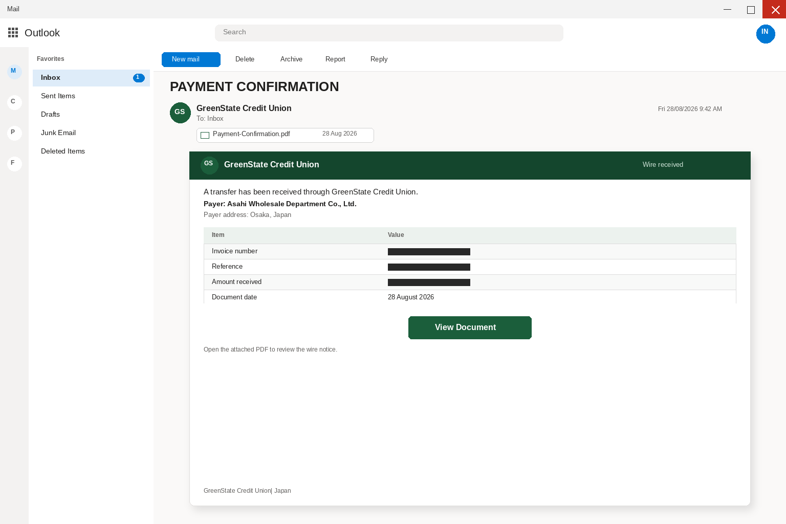 Realistic Outlook view of a fake GreenState Credit Union payment confirmation email