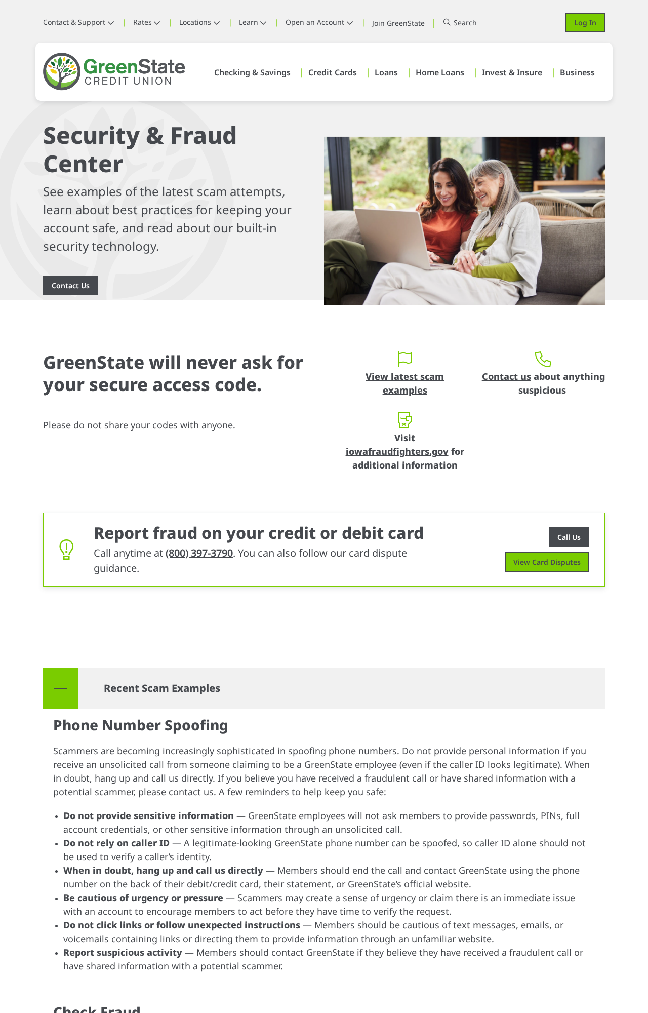 Official GreenState Security and Fraud Center warning customers about access codes and suspicious messages