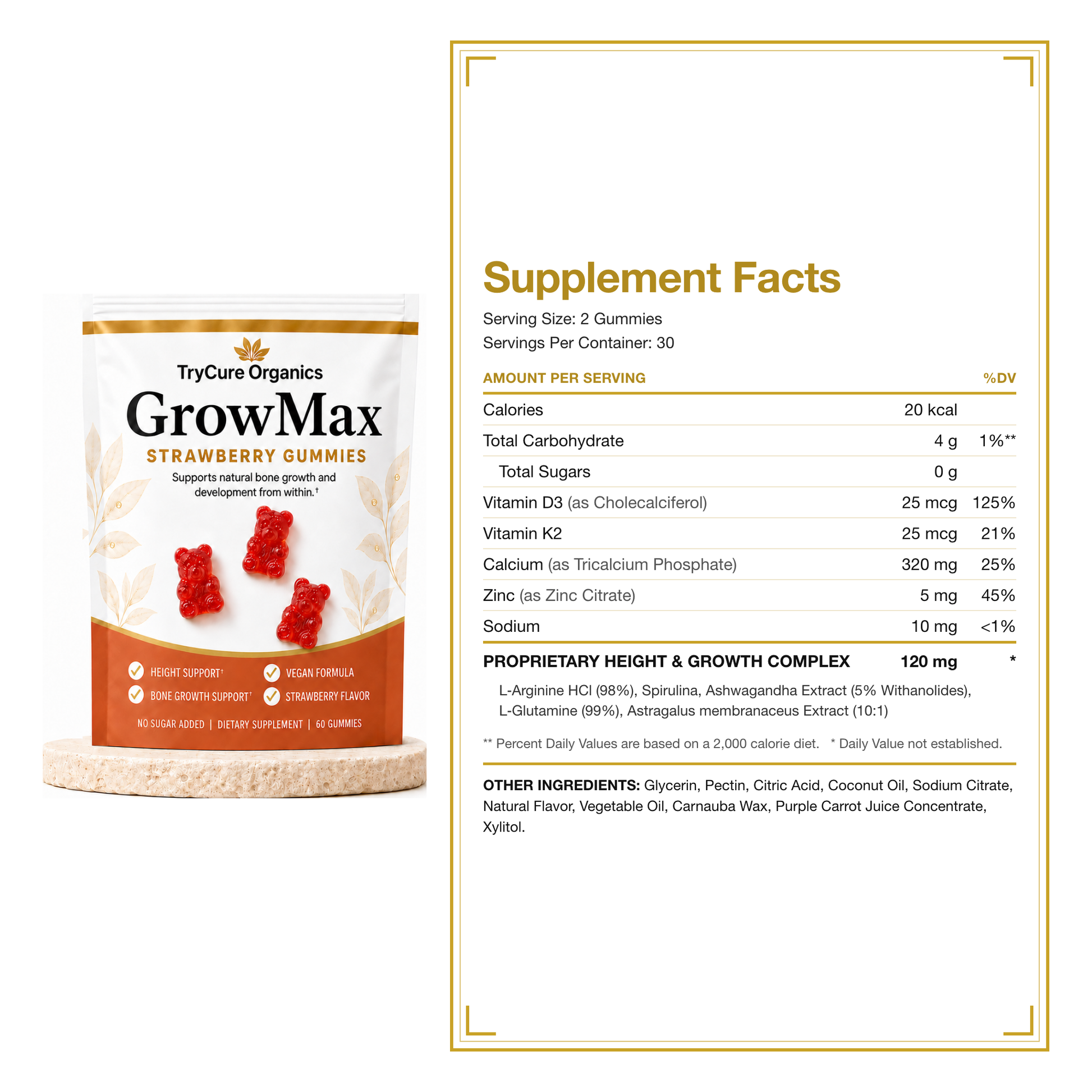 GrowMax Height Gummies Exposed: AI Images, Fake Claims and Refill Trap 3 GrowMax Height Gummies Supplement Facts panel listing vitamins minerals and a proprietary blend