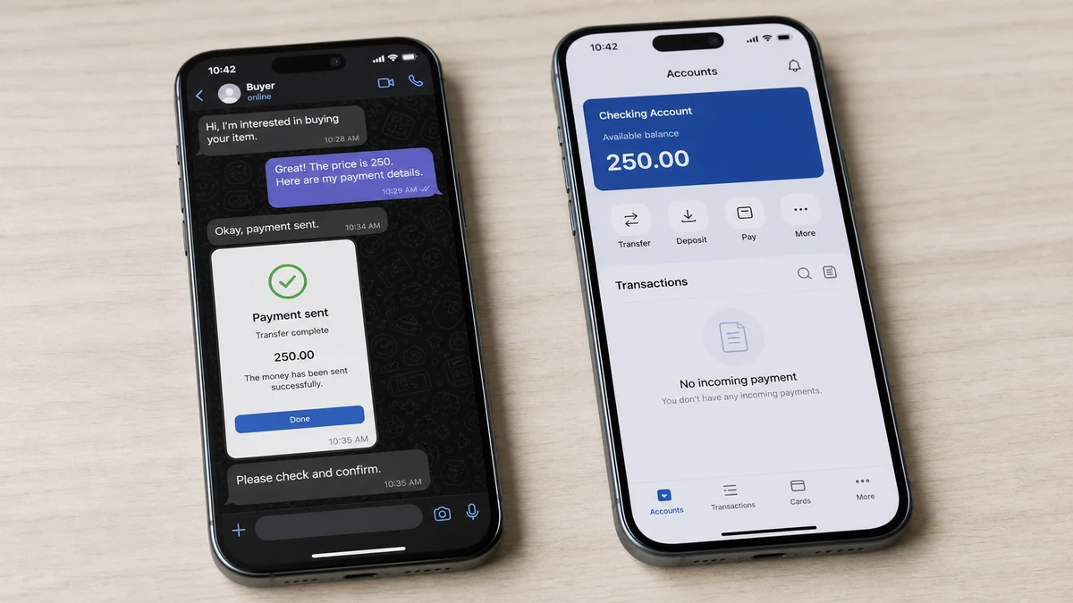 Fake Bank Transfer Screenshot Tricks Gumtree Sellers 1 Realistic reconstruction of a Gumtree buyer sending a fake bank-transfer screenshot while the seller's account shows no incoming payment