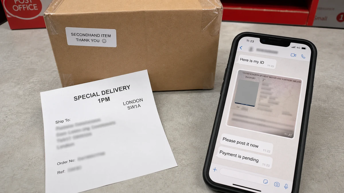 Fake Bank Transfer Screenshot Tricks Gumtree Sellers 2 Realistic reconstruction of a parcel, blurred London label, and redacted passport image used to pressure a Gumtree seller