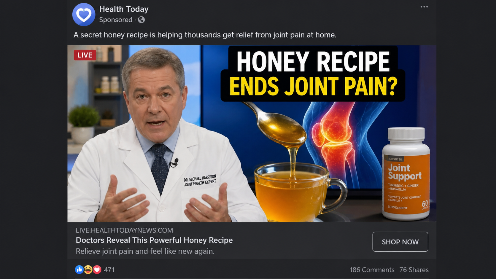Dr. Sanjay Gupta Honey Recipe Joint Pain Scam: Fake AI Ads Fully Exposed 1 Realistic example of a fake honey recipe joint pain advertisement using a fictional doctor