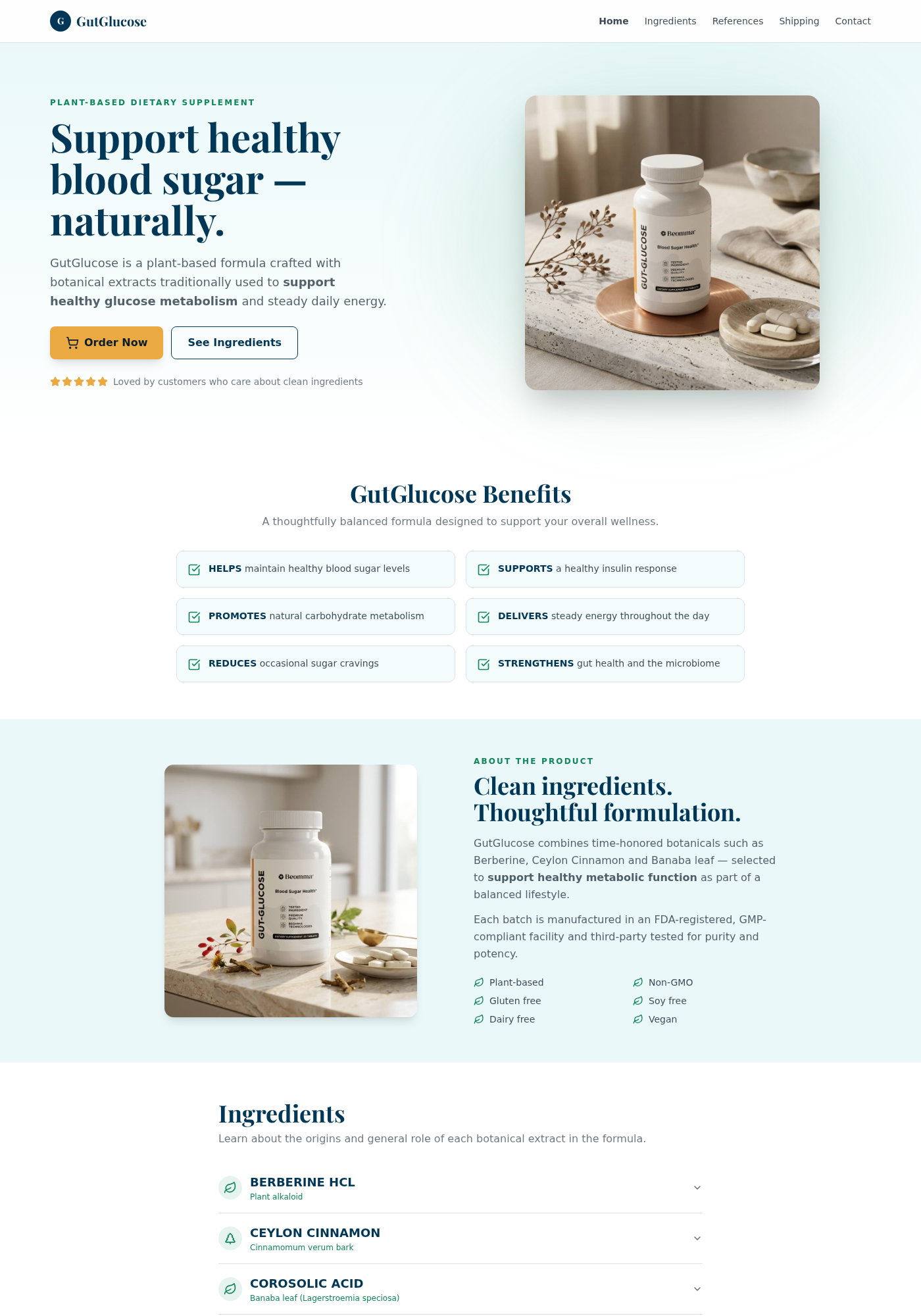 GutGlucose website showing the Beomma supplement and blood sugar support claims
